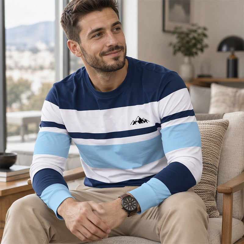 ✨ Långärmad herrtröja med rund hals och ränder: perfekt för vardagsbruk 👕