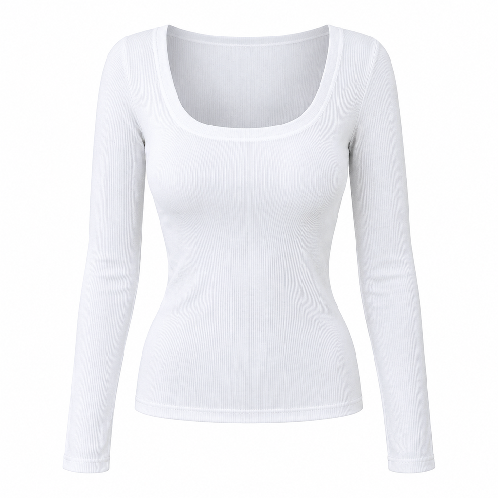 😍T-shirt för kvinnor med fyrkantig halsringning, långa ärmar, ribbad stickning och slim fit-passform