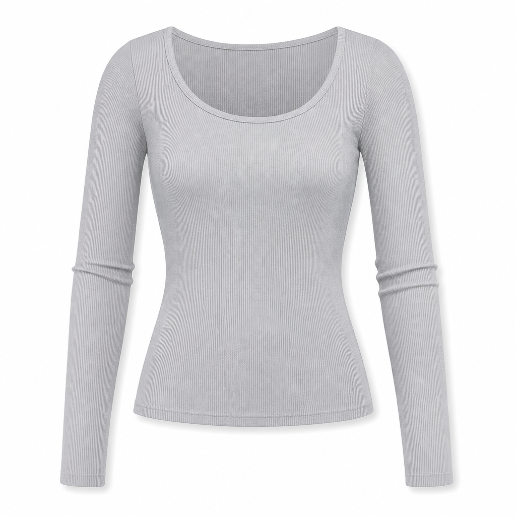 😍T-shirt för kvinnor med fyrkantig halsringning, långa ärmar, ribbad stickning och slim fit-passform