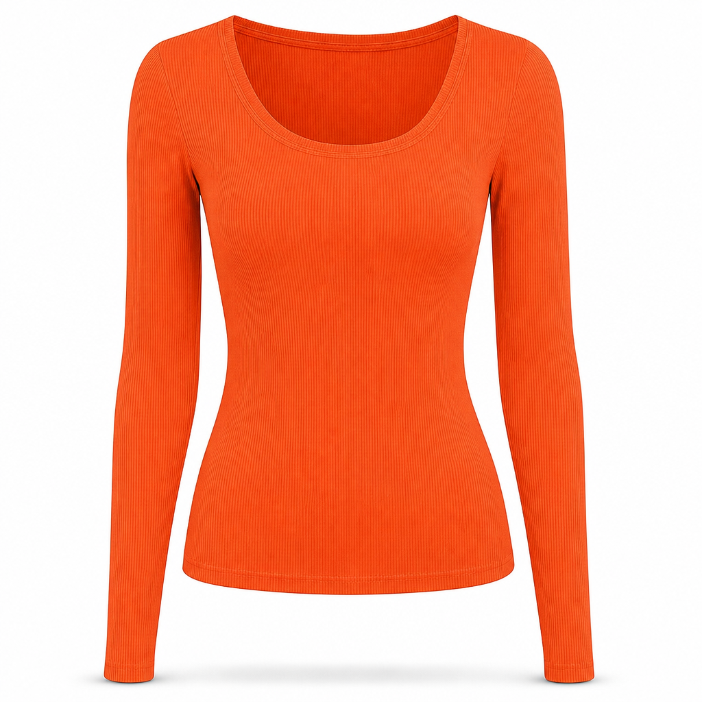 😍T-shirt för kvinnor med fyrkantig halsringning, långa ärmar, ribbad stickning och slim fit-passform