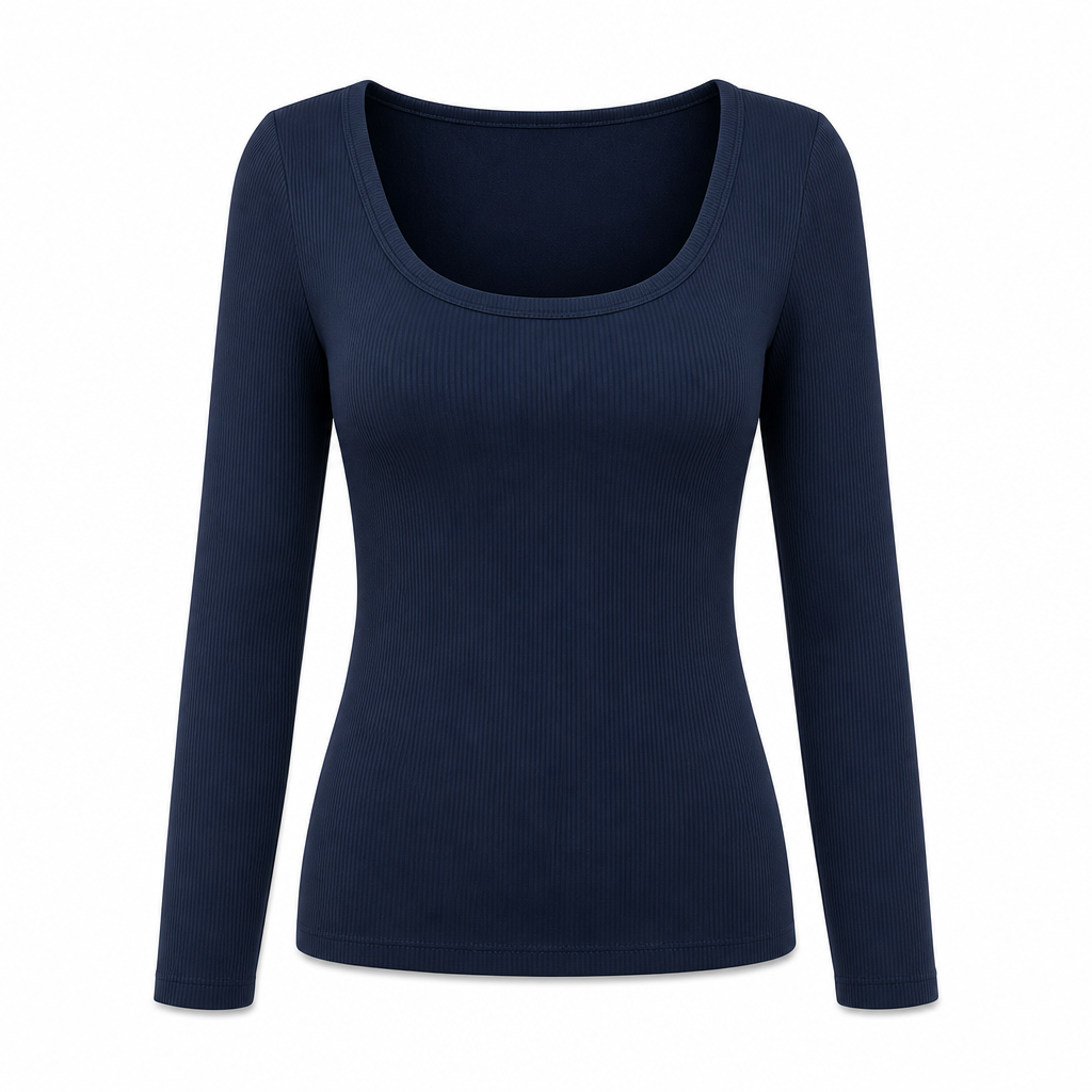 😍T-shirt för kvinnor med fyrkantig halsringning, långa ärmar, ribbad stickning och slim fit-passform