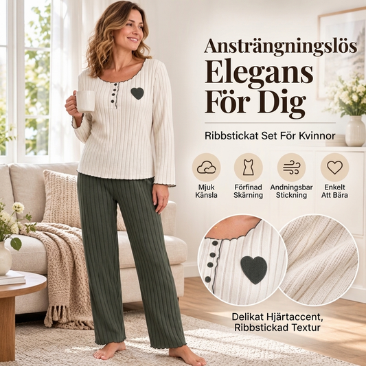 📢🎉50 % rabatt!!!🛍️✨Pyjamas-set med ribbad tröja för damer med hjärtbroderi
