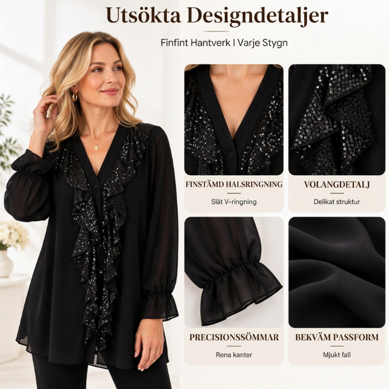 Damtopp med V-hals och sequin-sydd chiffong