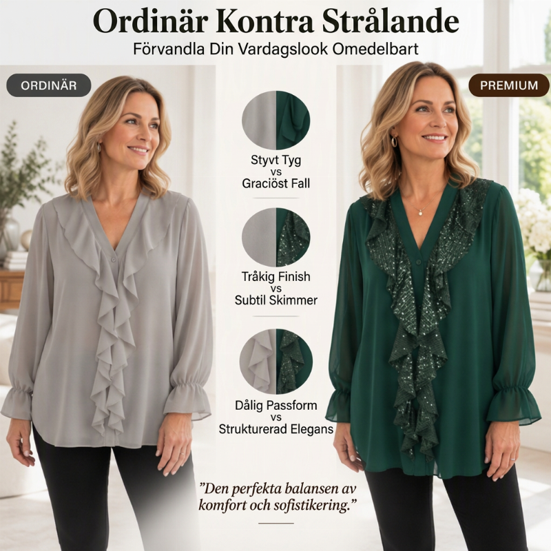 Damtopp med V-hals och sequin-sydd chiffong