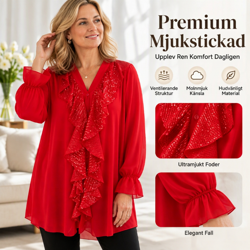 Damtopp med V-hals och sequin-sydd chiffong