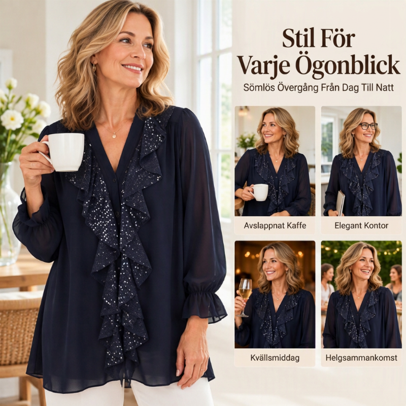 Damtopp med V-hals och sequin-sydd chiffong