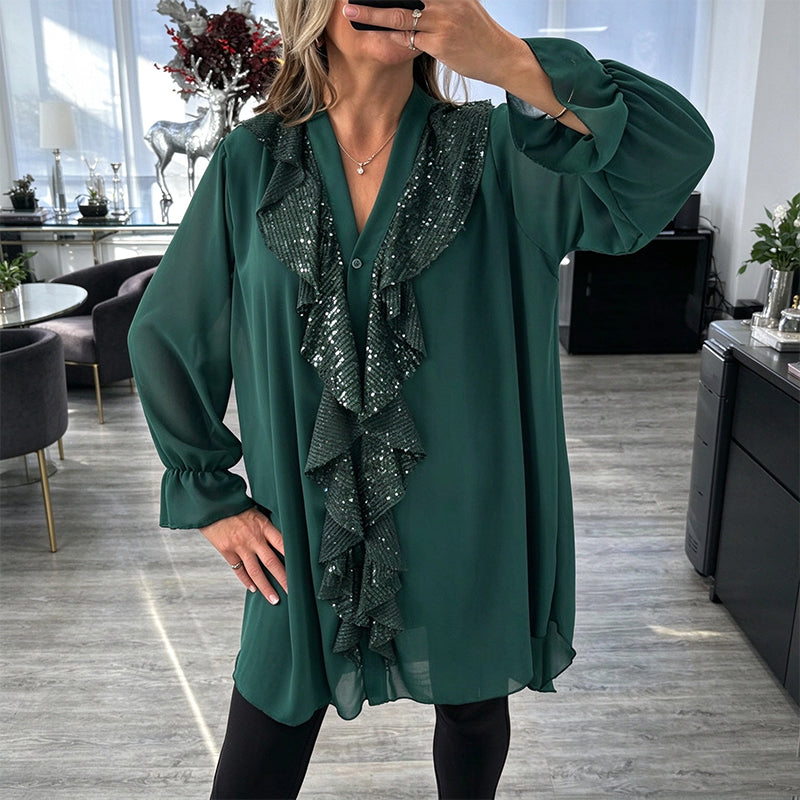 Damtopp med V-hals och sequin-sydd chiffong