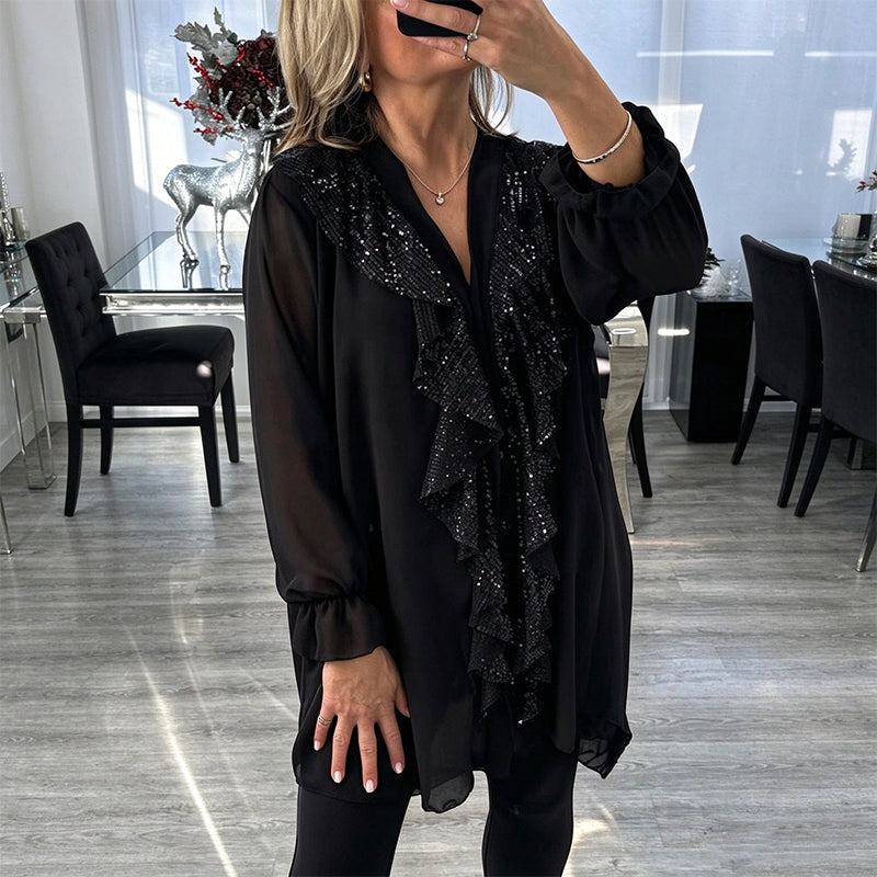 Damtopp med V-hals och sequin-sydd chiffong