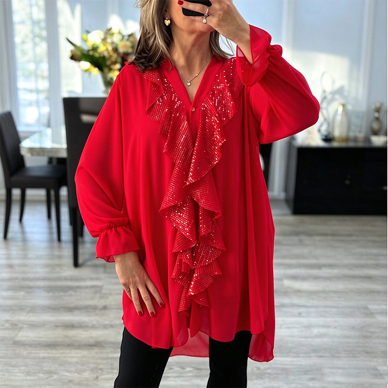 Damtopp med V-hals och sequin-sydd chiffong
