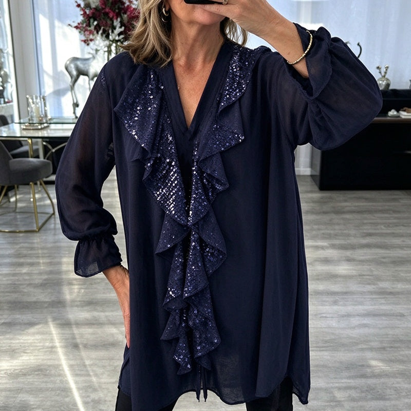 Damtopp med V-hals och sequin-sydd chiffong