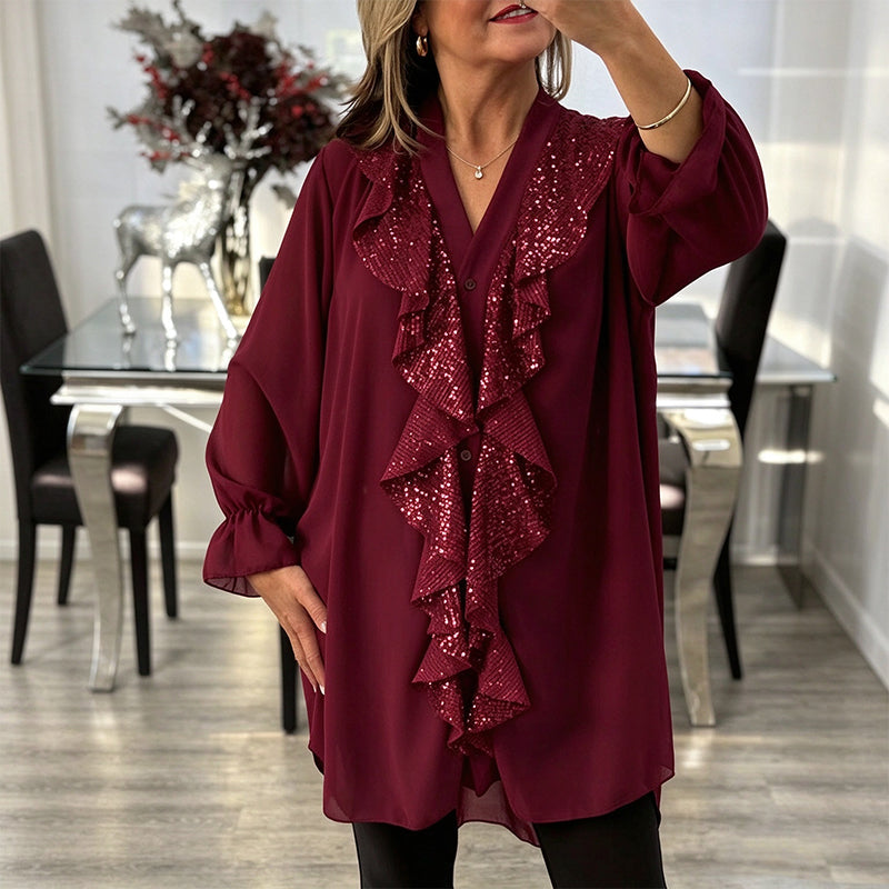 Damtopp med V-hals och sequin-sydd chiffong