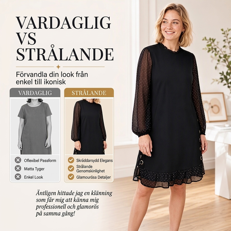 😍 Elegant damklänning med genomskinliga prickiga ärmar