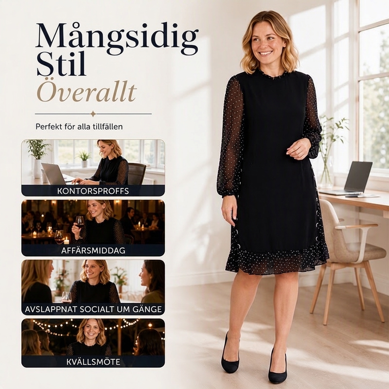 😍 Elegant damklänning med genomskinliga prickiga ärmar