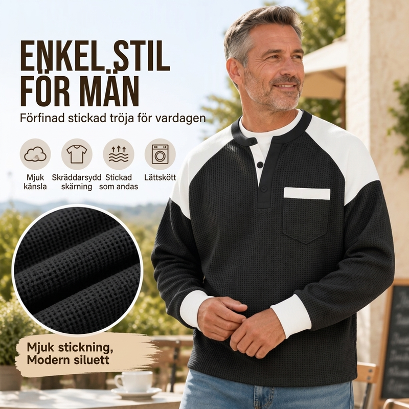 🧶Herrens avslappnade färgblockad våffelstickad Henley-topp