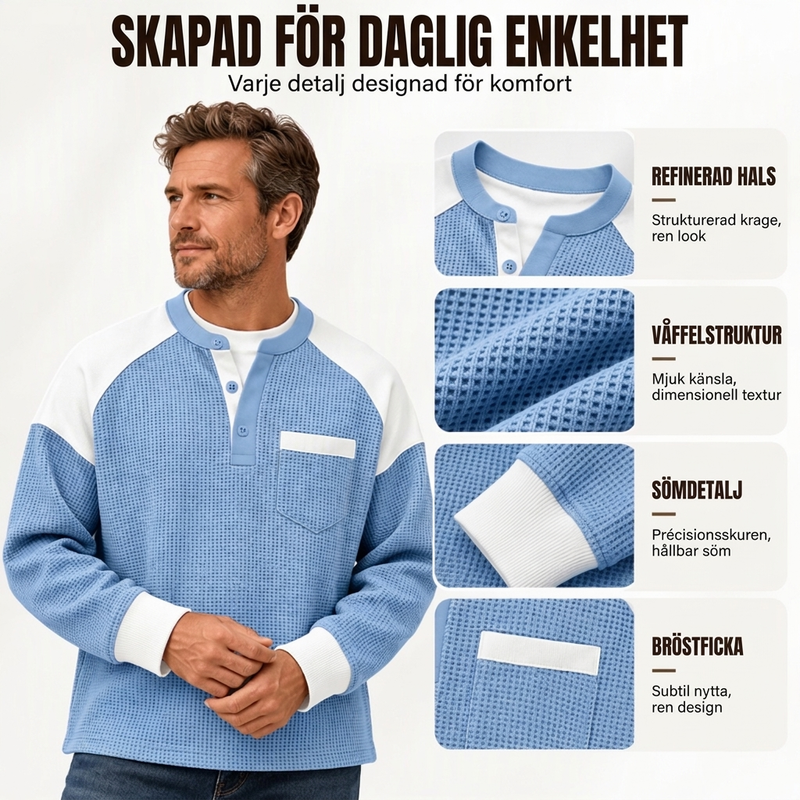 🧶Herrens avslappnade färgblockad våffelstickad Henley-topp