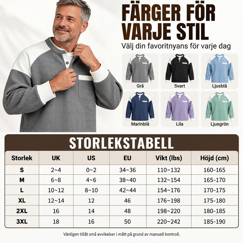 🧶Herrens avslappnade färgblockad våffelstickad Henley-topp