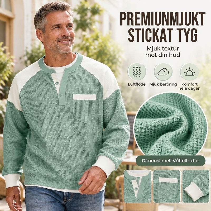 🧶Herrens avslappnade färgblockad våffelstickad Henley-topp