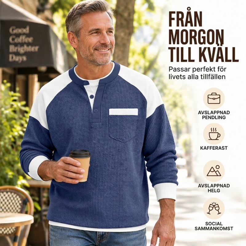 🧶Herrens avslappnade färgblockad våffelstickad Henley-topp
