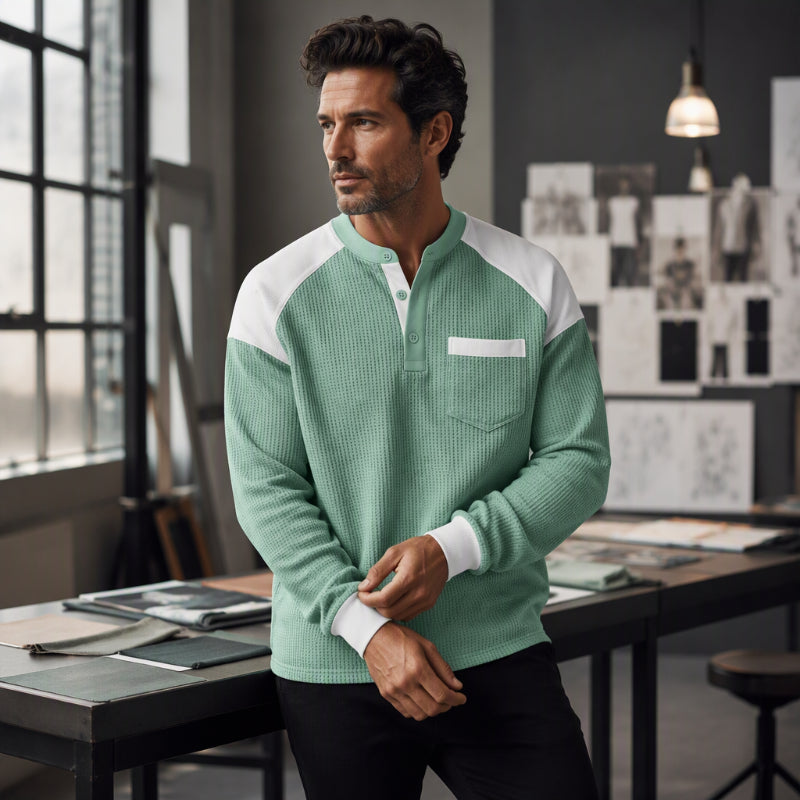 🧶Herrens avslappnade färgblockad våffelstickad Henley-topp