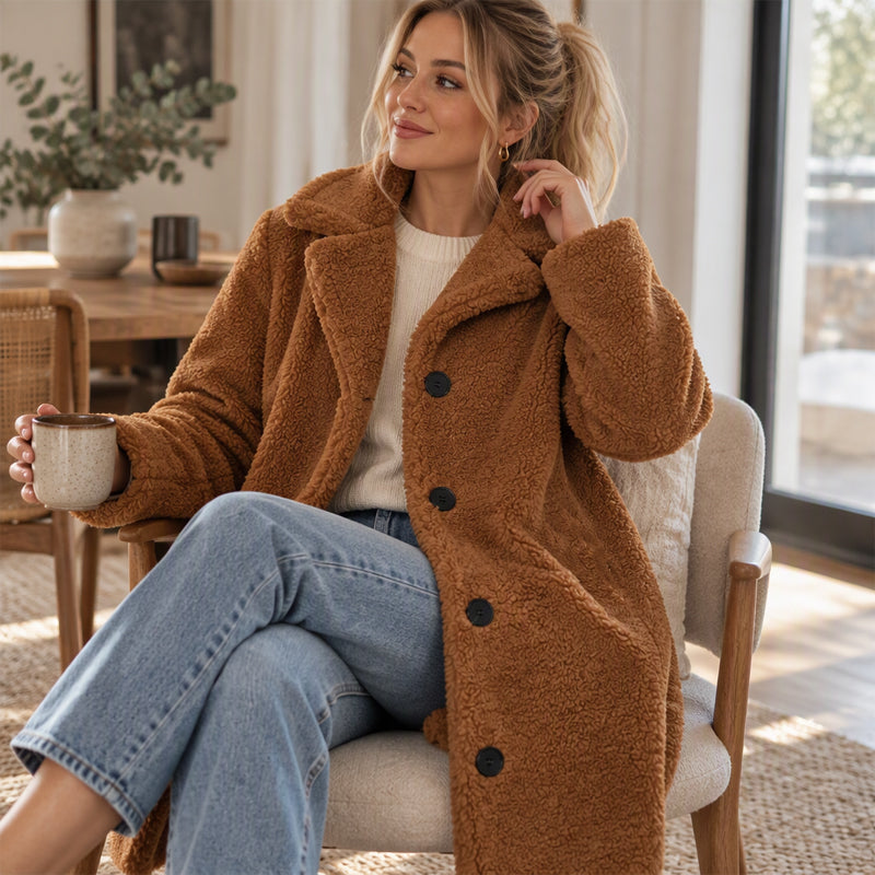 Varm plyschrock med knappar och kavajkrage för kvinnor – Mjuk, elegant och bekväm i vinterkylan 🧥❄️✨