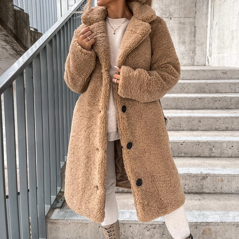 Varm plyschrock med knappar och kavajkrage för kvinnor – Mjuk, elegant och bekväm i vinterkylan 🧥❄️✨