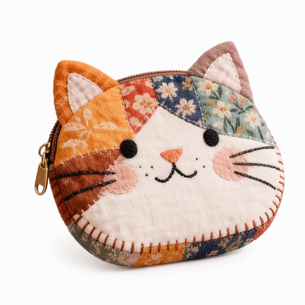 🎁Söt lapptäcks-katt mini-myntväska och bärbart kortfodral🎁 liten kreativ påse för flickor
