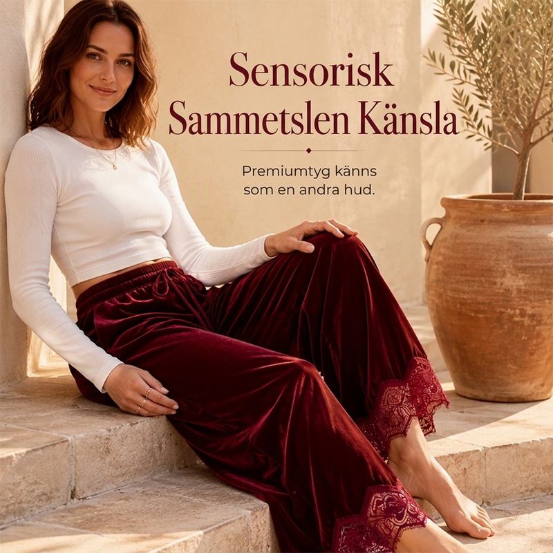 Dambyxor i sammet med vida ben och spetsdetaljer