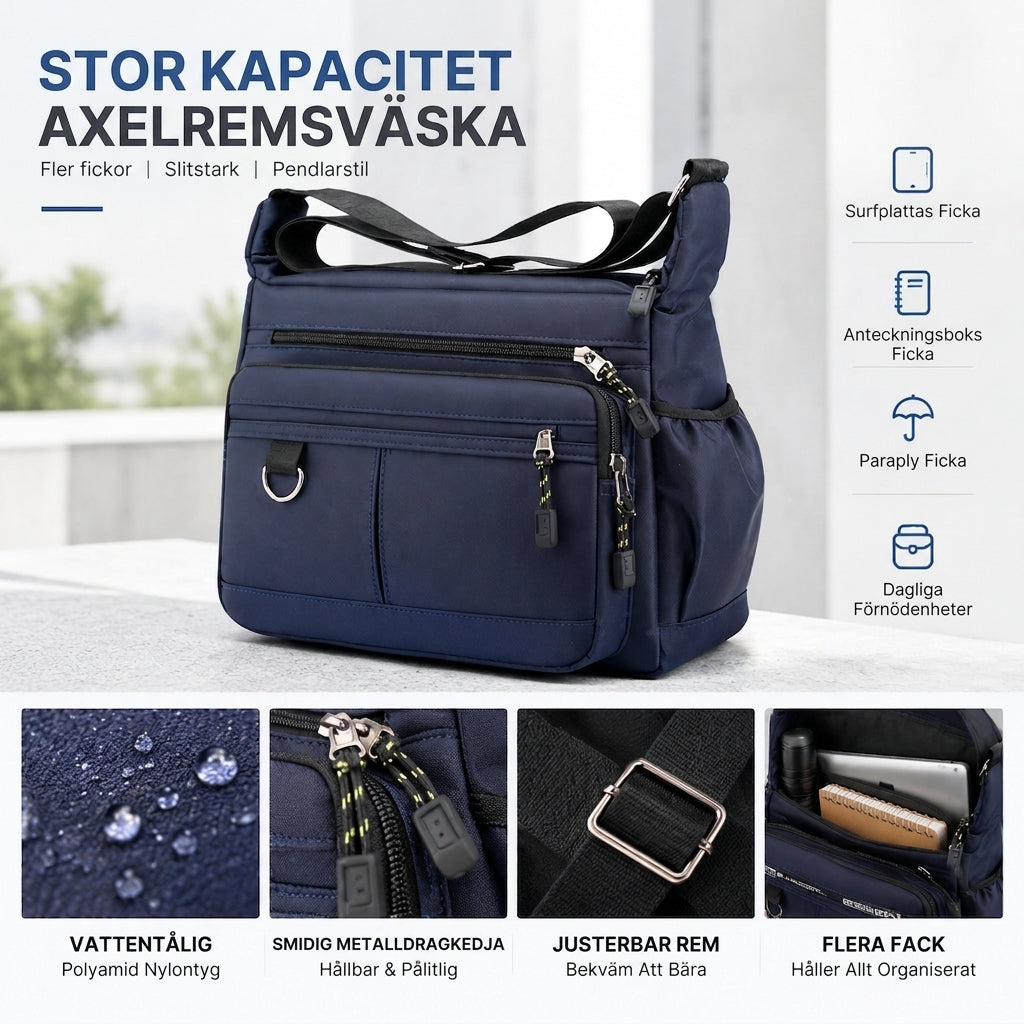 Stor crossbody-väska för män, hållbar axelväska med flera fickor för affärer och vardagligt bruk