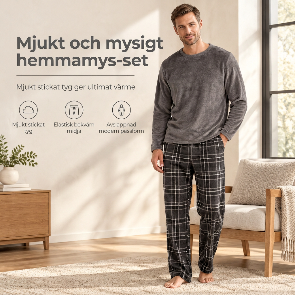 🚚 Fri frakt på just den här produkten!  Mjuk plyschstickad loungetröja och pyjamas för män med rundhalsad tröja i enfärgad design och rutiga byxor