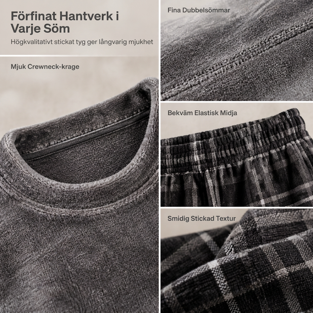 🚚 Fri frakt på just den här produkten!  Mjuk plyschstickad loungetröja och pyjamas för män med rundhalsad tröja i enfärgad design och rutiga byxor