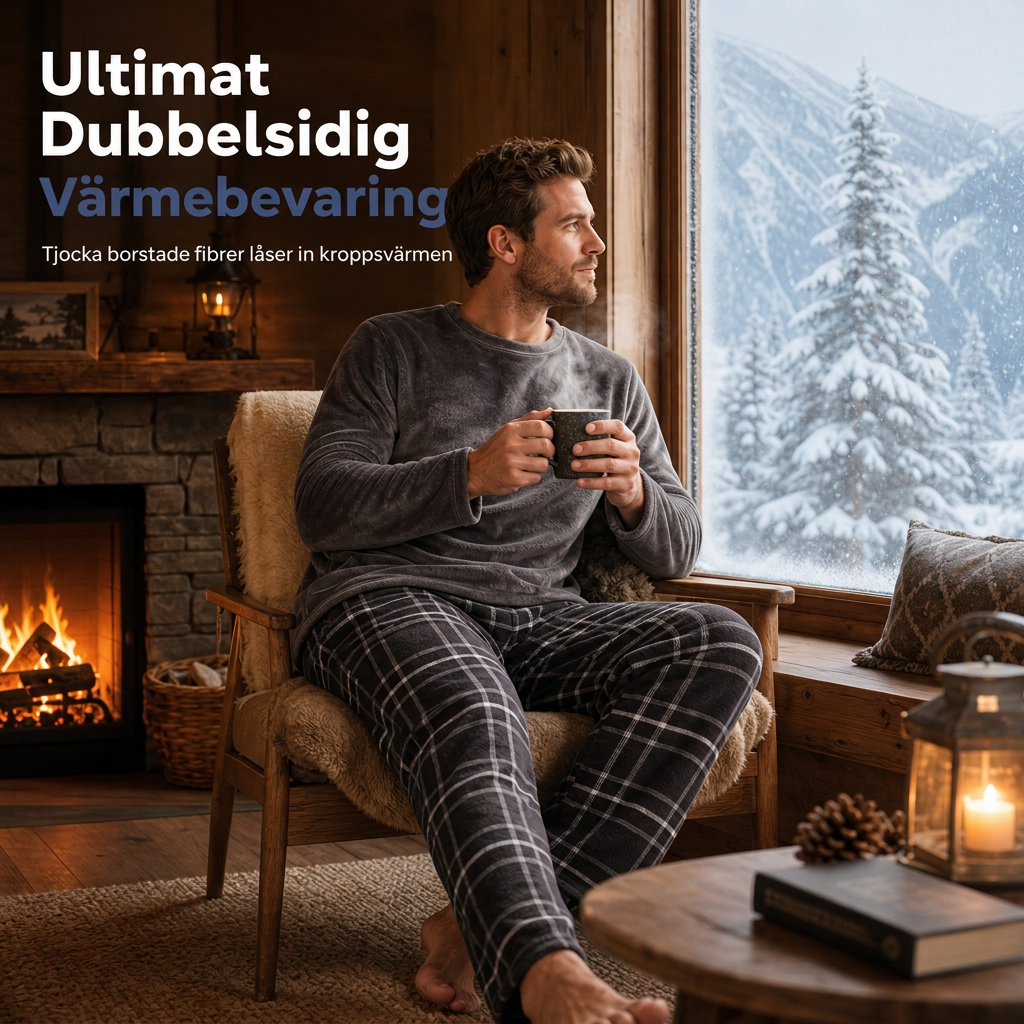 🚚 Fri frakt på just den här produkten!  Mjuk plyschstickad loungetröja och pyjamas för män med rundhalsad tröja i enfärgad design och rutiga byxor