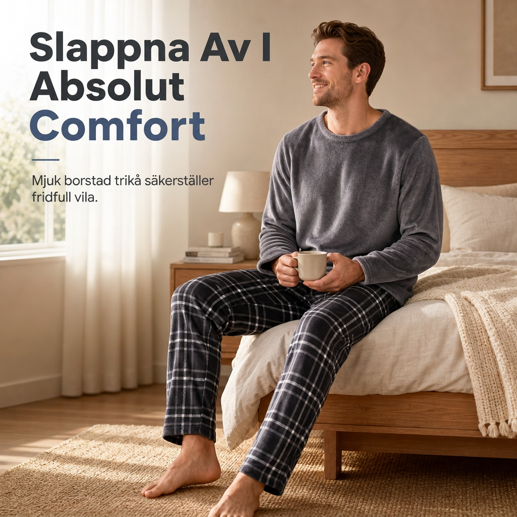 🚚 Fri frakt på just den här produkten!  Mjuk plyschstickad loungetröja och pyjamas för män med rundhalsad tröja i enfärgad design och rutiga byxor