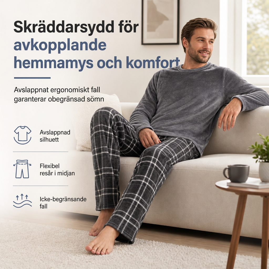🚚 Fri frakt på just den här produkten!  Mjuk plyschstickad loungetröja och pyjamas för män med rundhalsad tröja i enfärgad design och rutiga byxor