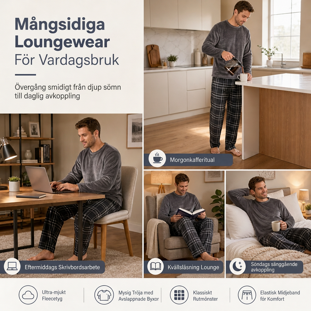 🚚 Fri frakt på just den här produkten!  Mjuk plyschstickad loungetröja och pyjamas för män med rundhalsad tröja i enfärgad design och rutiga byxor
