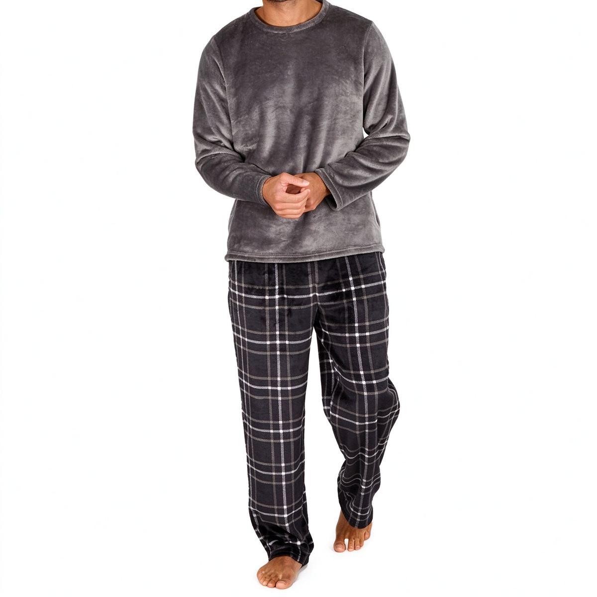 🚚 Fri frakt på just den här produkten!  Mjuk plyschstickad loungetröja och pyjamas för män med rundhalsad tröja i enfärgad design och rutiga byxor