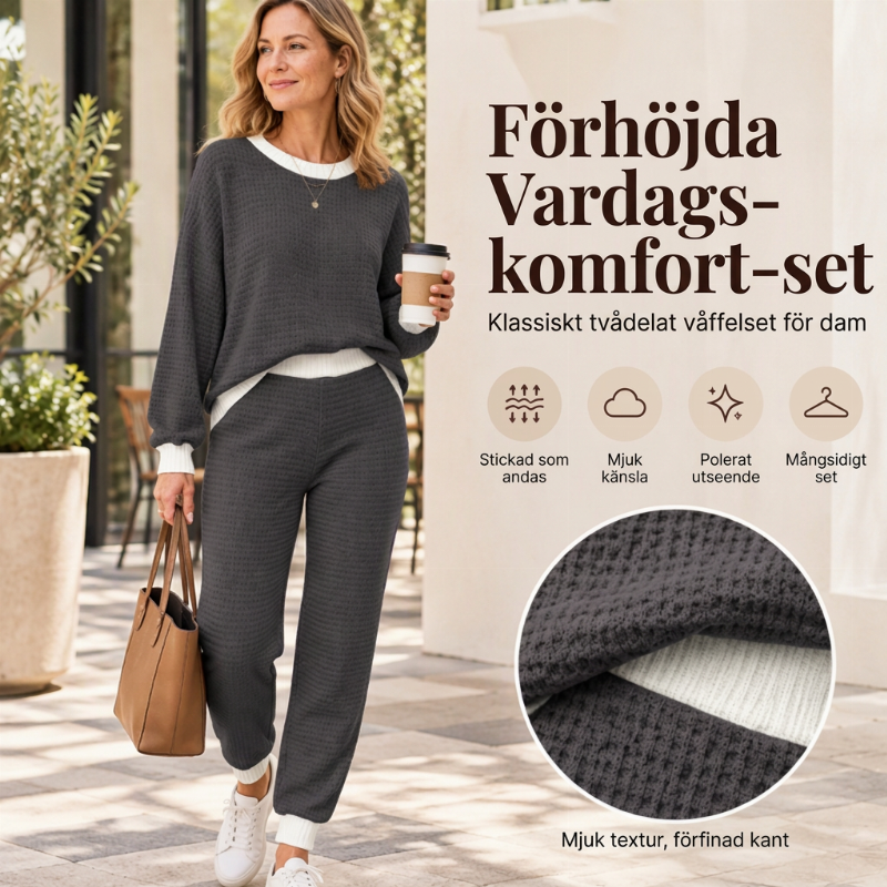 Kvinnors avslappnade våffelstickad 2-delad set